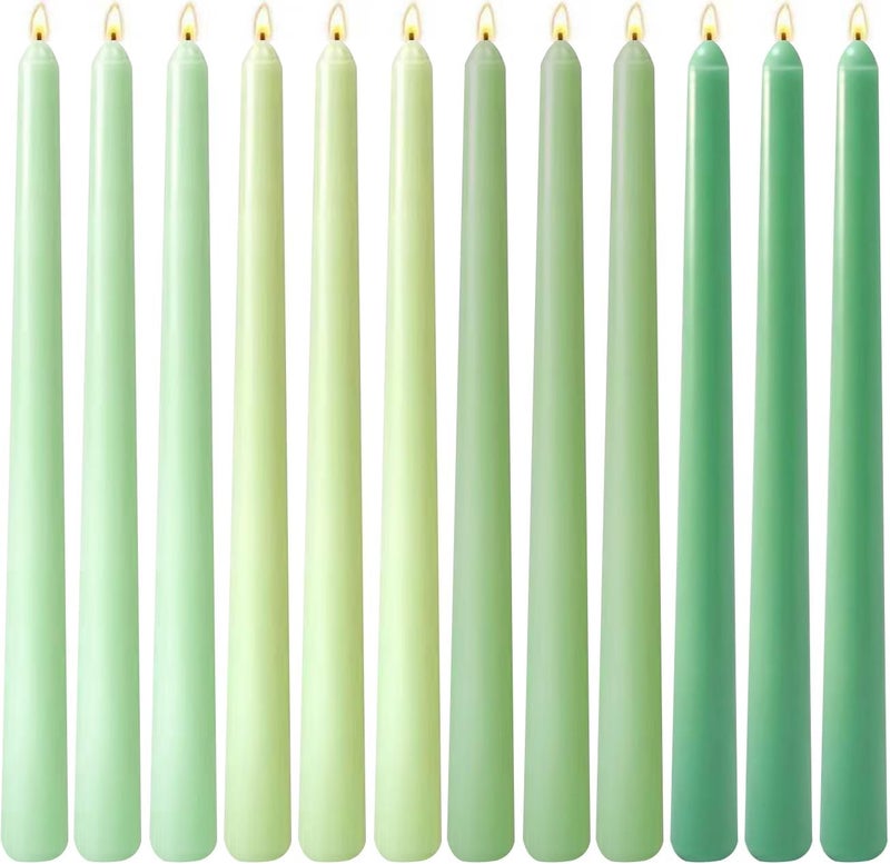 Sihuida 12-Pack Gradient Green Taper Candles, 10 Inch Unscented Dripless Candlesticks, Long-Lastin8g Burn Time of 7-8 Hours, Perfect for Home Décor Spring St. Patrick's Day and Events - Image 1